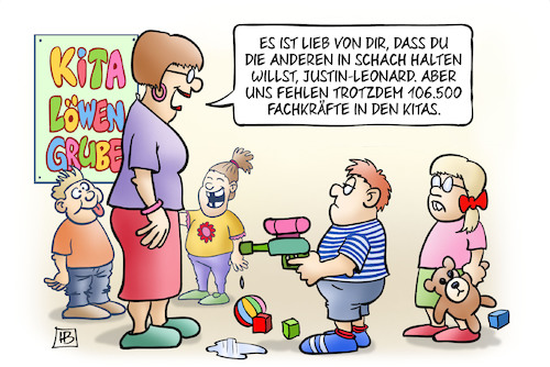 Cartoon: Kita-Fachkräfte (medium) by Harm Bengen tagged kinder,betreuung,justin,leonard,kindergarten,wasserpistole,drohung,fachkräfte,kitas,personalmangel,harm,bengen,cartoon,karikatur,kinder,betreuung,justin,leonard,kindergarten,wasserpistole,drohung,fachkräfte,kitas,personalmangel,harm,bengen,cartoon,karikatur