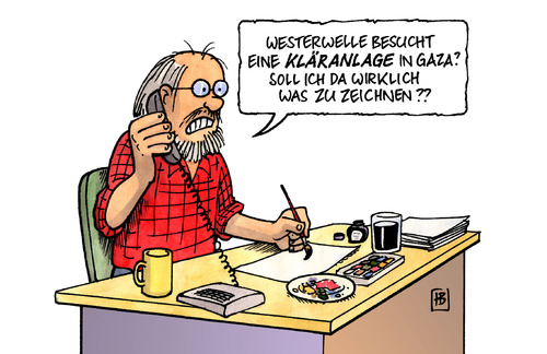 Cartoon: Kläranlage (medium) by Harm Bengen tagged kläranlage,gaza,besuch,westerwelle,außenminister,zeichnen,zeichner,scheiße,kläranlage,gaza,besuch,guido westerwelle,außenminister,zeichnen,scheiße,guido,westerwelle