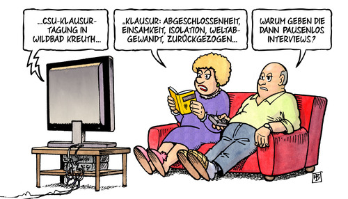 Cartoon: Klausur (medium) by Harm Bengen tagged csu,seehofer,dobrindt,aigner,ramsauer,klausurtagung,wildbad,kreuth,klausur,abgeschlossenheit,einsamkeit,isolation,weltabgewandt,zurückgezogen,pausenlos,interviews,harm,bengen,cartoon,karikatur,csu,seehofer,dobrindt,aigner,ramsauer,klausurtagung,wildbad,kreuth,klausur,abgeschlossenheit,einsamkeit,isolation,weltabgewandt,zurückgezogen,pausenlos,interviews,harm,bengen,cartoon,karikatur