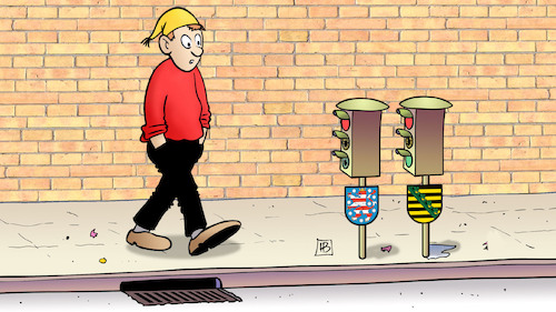 Cartoon: Kleine Ampeln (medium) by Harm Bengen tagged landtagswahlen,sachsen,thueringen,ampeln,klein,wappen,michel,strasse,harm,bengen,cartoon,karikatur,landtagswahlen,sachsen,thueringen,ampeln,klein,wappen,michel,strasse,harm,bengen,cartoon,karikatur