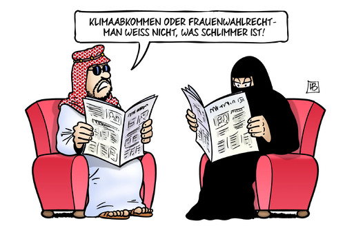 Cartoon: Klima und Frauen (medium) by Harm Bengen tagged frauenwahlrecht,saudi,arabien,oel,zeitung,klimaabkommen,co2,fossile,energien,gipfel,klimagipfel,paris,cop,harm,bengen,cartoon,karikatur,frauenwahlrecht,saudi,arabien,oel,zeitung,klimaabkommen,co2,fossile,energien,gipfel,klimagipfel,paris,cop,harm,bengen,cartoon,karikatur