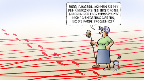 Cartoon: Klingbeils rote Linien (medium) by Harm Bengen tagged überschreiten,migrationspolitik,fußspuren,farbe,putzfrau,rote,linien,klingbeil,harm,bengen,cartoon,karikatur,überschreiten,migrationspolitik,fußspuren,farbe,putzfrau,rote,linien,klingbeil,harm,bengen,cartoon,karikatur