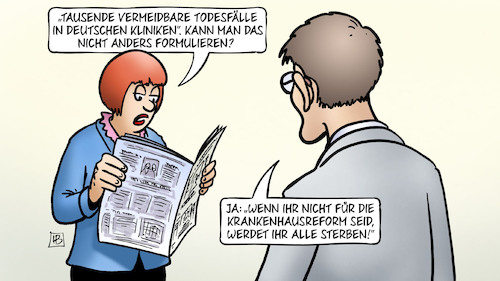 Cartoon: Klinikreform (medium) by Harm Bengen tagged vermeidbare,todesfälle,klinikreform,krankenhaus,zeitung,lesen,lauterbach,krankenhausreform,sterben,drohung,harm,bengen,cartoon,karikatur,vermeidbare,todesfälle,klinikreform,krankenhaus,zeitung,lesen,lauterbach,krankenhausreform,sterben,drohung,harm,bengen,cartoon,karikatur