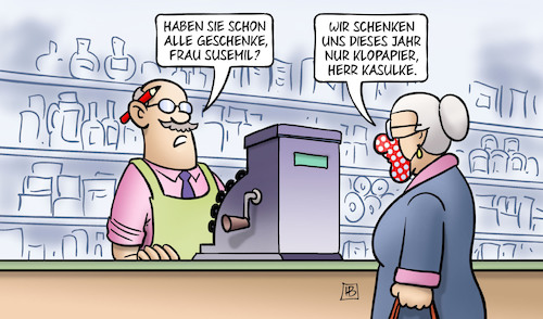 Cartoon: Klopapier-Geschenke (medium) by Harm Bengen tagged weihnachten,geschenke,lockdown,einzelhandel,hamsterkäufe,susemil,klopapier,kasulke,laden,corona,harm,bengen,cartoon,karikatur,weihnachten,geschenke,lockdown,einzelhandel,hamsterkäufe,susemil,klopapier,kasulke,laden,corona,harm,bengen,cartoon,karikatur