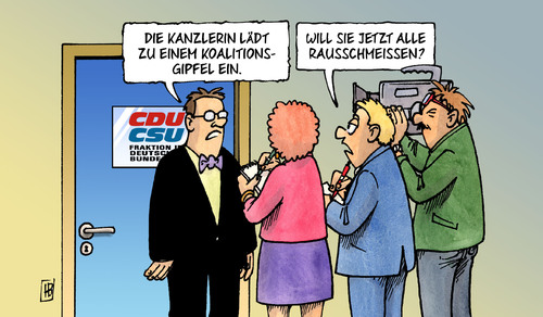 Cartoon: Koalitionsgipfel und Rausschmiss (medium) by Harm Bengen tagged koalitionsgipfel,rausschmiss,merkel,bundeskanzlerin,cdu,csu,fdp,roesler,seehofer,roettgen,entlassung,merkel,bundeskanzlerin,seehofer,röttgen,koalitionsgipfel