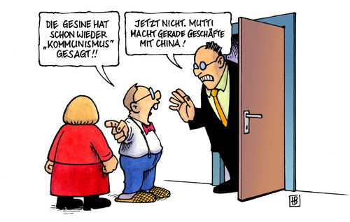 Cartoon: Kommunismus (medium) by Harm Bengen tagged kommunismus,ddr,linke,lötzsch,gesine,wirtschaft,geschäfte,china,sozialismus,kinder,mutti,merkel,vorwurf,petzen,kommunismus,gesine,lötzsch,linke,ddr,sozialismus,china,geschäfte,angela merkel,kinder,angela,merkel