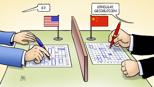 Cartoon: Konsulate versenken (medium) by Harm Bengen tagged schiffe,versenken,konsulate,usa,china,spiel,konflikt,e7,harm,bengen,cartoon,karikatur,schiffe,versenken,konsulate,usa,china,spiel,konflikt,e7,harm,bengen,cartoon,karikatur