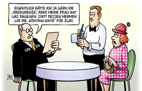 Cartoon: Kontingente (medium) by Harm Bengen tagged obergrenze,frau,kontingente,flüchtlinge,asyl,koalition,groko,spd,cdu,csu,lokal,restaurant,kellner,essen,speisekarte,harm,bengen,cartoon,karikatur,obergrenze,frau,kontingente,flüchtlinge,asyl,koalition,groko,spd,cdu,csu,lokal,restaurant,kellner,essen,speisekarte,harm,bengen,cartoon,karikatur