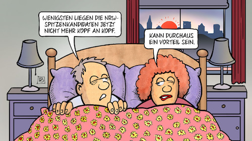 Cartoon: Kopf an Kopf liegen (medium) by Harm Bengen tagged nrw,spitzenkandidaten,kopf,vorteil,landtagswahl,bett,ehe,harm,bengen,cartoon,karikatur,nrw,spitzenkandidaten,kopf,vorteil,landtagswahl,bett,ehe,harm,bengen,cartoon,karikatur