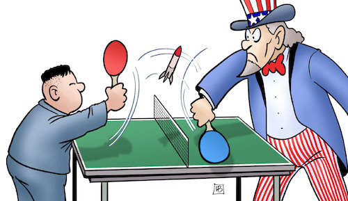 Cartoon: Korea-Pingpong (medium) by Harm Bengen tagged nord,korea,raketentests,pingpong,spiel,kim,jong,un,uncle,sam,usa,tischtennis,harm,bengen,cartoon,karikatur,nord,korea,raketentests,pingpong,spiel,kim,jong,un,uncle,sam,usa,tischtennis,harm,bengen,cartoon,karikatur