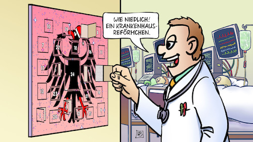 Cartoon: Krankenhausreform (medium) by Harm Bengen tagged krankenhausreförmchen,krankenhausreform,arzt,adventskalender,lauterbach,fallpauschalen,harm,bengen,cartoon,karikatur,krankenhausreförmchen,krankenhausreform,arzt,adventskalender,lauterbach,fallpauschalen,harm,bengen,cartoon,karikatur