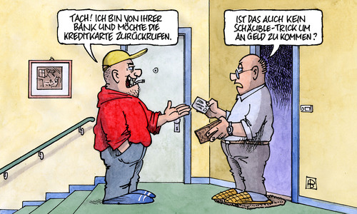 Cartoon: Kreditkartenrückruf (medium) by Harm Bengen tagged kreditkartenrückruf,kreditkarte,rückruf,bank,daten,datenklau,missbrauch,raub,steuer,schäuble,geld,kreditkartenrückruf,kredit,kreditkarte,banken,bank,rückruf,geld,daten,datenklau,datenhandel,handel,verkauf,missbrauch,raub,schäuble