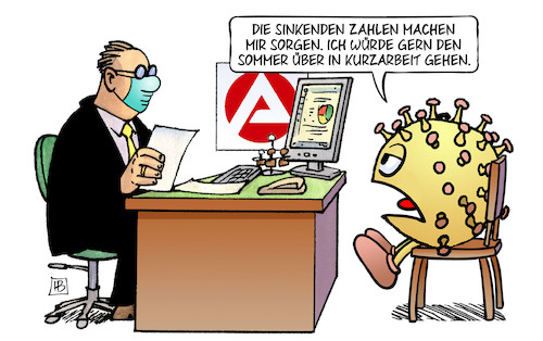 Cartoon: Kurzarbeit für Corona (medium) by Harm Bengen tagged sinkende,zahlen,sorgen,kurzarbeit,corona,virus,arbeitsamt,sommer,harm,bengen,cartoon,karikatur,sinkende,zahlen,sorgen,kurzarbeit,corona,virus,arbeitsamt,sommer,harm,bengen,cartoon,karikatur