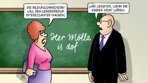 Cartoon: Lehrerberuf interessanter (medium) by Harm Bengen tagged bildungsministerin,lehrerberuf,interessanter,schule,tafel,stress,kinder,harm,bengen,cartoon,karikatur,bildungsministerin,lehrerberuf,interessanter,schule,tafel,stress,kinder,harm,bengen,cartoon,karikatur