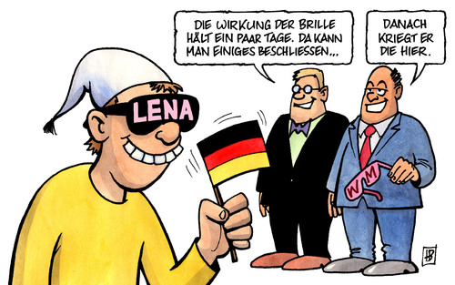 Cartoon: Lena-Brille (medium) by Harm Bengen tagged lena,meyer,landrut,brille,mania,oslo,sieg,eurovision,song,contest,satellite,raab,deutschland,fahne,wm,durchblicken,verblendet,abgelenkt,taeuschen,wirkung,regierung,lena meyer,landrut,brille,mania,oslo,sieg,eurovision song contest,stefan raab,satellite,fahne,wm,durchblicken,verblendet,lena,meyer,eurovision,song,contest,stefan,raab