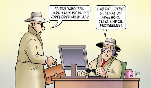 Cartoon: Letzte Generation abgehört (medium) by Harm Bengen tagged kopfhörer,letzte,generation,abgehört,abhören,festgeklebt,ermittlungsbehörden,agenten,geheimdienst,computer,klimaaktivisten,harm,bengen,cartoon,karikatur,kopfhörer,letzte,generation,abgehört,abhören,festgeklebt,ermittlungsbehörden,agenten,geheimdienst,computer,klimaaktivisten,harm,bengen,cartoon,karikatur