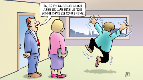 Cartoon: Letzte Sommer-PK (medium) by Harm Bengen tagged letzte,sommer,pk,pressekonferenz,merkel,jubel,freude,erleichterung,harm,bengen,cartoon,karikatur,letzte,sommer,pk,pressekonferenz,merkel,jubel,freude,erleichterung,harm,bengen,cartoon,karikatur