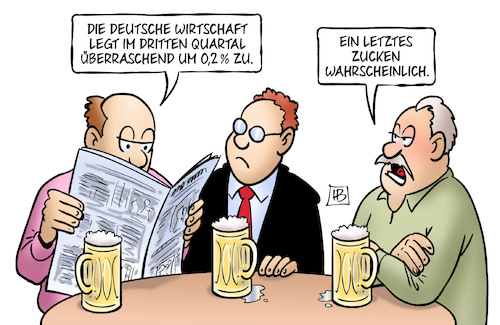 Cartoon: Letztes Zucken (medium) by Harm Bengen tagged deutsche,wirtschaft,zugelegt,wachstum,bip,kneipe,stammtisch,letztes,zucken,pessimismus,harm,bengen,cartoon,karikatur,deutsche,wirtschaft,zugelegt,wachstum,bip,kneipe,stammtisch,letztes,zucken,pessimismus,harm,bengen,cartoon,karikatur