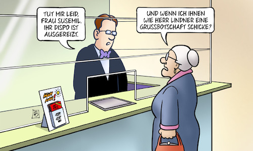 Cartoon: Lindner-Grussbotschaft (medium) by Harm Bengen tagged susemil,dispo,kredit,bank,lindner,fdp,finanzminister,grussbotschaft,lobbyismus,immobilie,finanzierung,harm,bengen,cartoon,karikatur,susemil,dispo,kredit,bank,lindner,fdp,finanzminister,grussbotschaft,lobbyismus,immobilie,finanzierung,harm,bengen,cartoon,karikatur