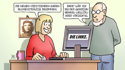 Cartoon: Linke und Blumen (medium) by Harm Bengen tagged neuen,vorsitzenden,blumensträusse,blumenstrauss,thüringen,wahl,kemmerich,weibliche,doppelspitze,linke,partei,parteitag,hennig,wellsow,wissler,frauen,computer,che,guevara,harm,bengen,cartoon,karikatur,neuen,vorsitzenden,blumensträusse,blumenstrauss,thüringen,wahl,kemmerich,weibliche,doppelspitze,linke,partei,parteitag,hennig,wellsow,wissler,frauen,computer,che,guevara,harm,bengen,cartoon,karikatur