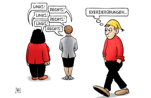 Cartoon: Links-Rechts (medium) by Harm Bengen tagged links,rechts,cdu,spd,nahles,akk,kramp,karrenbauer,groko,michel,exerzierübungen,harm,bengen,cartoon,karikatur,links,rechts,cdu,spd,nahles,akk,kramp,karrenbauer,groko,michel,exerzierübungen,harm,bengen,cartoon,karikatur