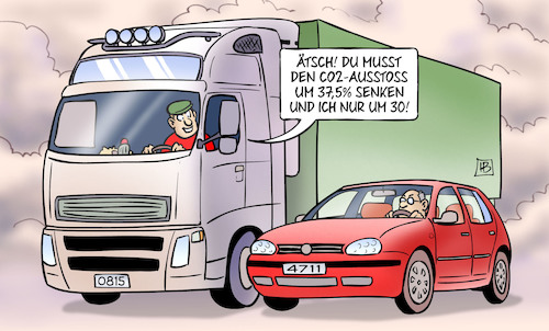 Cartoon: LKW-CO2-Vorgaben (medium) by Harm Bengen tagged lkw,pkw,co2,vorgaben,abgasgrenzwerte,europa,harm,bengen,cartoon,karikatur,lkw,pkw,co2,vorgaben,abgasgrenzwerte,europa,harm,bengen,cartoon,karikatur