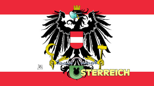 Cartoon: Lockdown Österreich (medium) by Harm Bengen tagged österreich,lockdown,flagge,fahne,wappen,adler,ketten,schloss,vorhängeschloss,maske,corona,harm,bengen,cartoon,karikatur,österreich,lockdown,flagge,fahne,wappen,adler,ketten,schloss,vorhängeschloss,maske,corona,harm,bengen,cartoon,karikatur