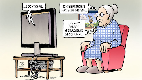 Cartoon: Lockdown und Selbstgebasteltes (medium) by Harm Bengen tagged lockdown,befuerchtung,das,schlimmste,selbstgebastelte,geschenke,tv,susemil,sessel,corona,weihnachten,harm,bengen,cartoon,karikatur,lockdown,befuerchtung,das,schlimmste,selbstgebastelte,geschenke,tv,susemil,sessel,corona,weihnachten,harm,bengen,cartoon,karikatur