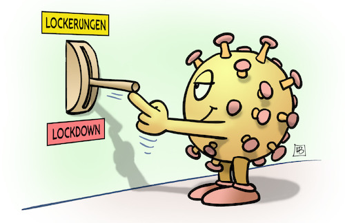 Cartoon: Lockerungen vs. Lockdown (medium) by Harm Bengen tagged lockerungen,lockdown,schalter,hebel,corona,coronavirus,ansteckung,pandemie,epidemie,krankheit,schaden,harm,bengen,cartoon,karikatur,lockerungen,lockdown,schalter,hebel,corona,coronavirus,ansteckung,pandemie,epidemie,krankheit,schaden,harm,bengen,cartoon,karikatur