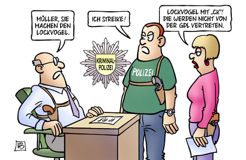 Cartoon: Lokvogel (medium) by Harm Bengen tagged kripo,polizei,lockvogel,bahn,gdl,eisenbahn,streik,arbeitskampf,harm,bengen,cartoon,karikatur,kripo,polizei,lockvogel,bahn,gdl,eisenbahn,streik,arbeitskampf,harm,bengen,cartoon,karikatur