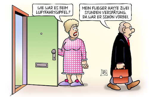 Cartoon: Luftfahrtgipfel (medium) by Harm Bengen tagged luftfahrtgipfel,flieger,flugzeug,verspätung,scheuer,verkehrminster,harm,bengen,cartoon,karikatur,luftfahrtgipfel,flieger,flugzeug,verspätung,scheuer,verkehrminster,harm,bengen,cartoon,karikatur