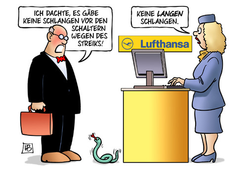 Cartoon: Lufthansa-Schlange (medium) by Harm Bengen tagged lufthansa,schlange,schlangen,schalter,streiks,pilotenstreik,piloten,cockpit,harm,bengen,cartoon,karikatur,lufthansa,schlange,schlangen,schalter,streiks,pilotenstreik,piloten,cockpit,harm,bengen,cartoon,karikatur