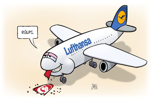 Cartoon: Lufthansa frisst Air Berlin (medium) by Harm Bengen tagged lufthansa,fressen,air,berlin,fluggesellschaft,insolvenz,pleite,kauf,schlucken,harm,bengen,cartoon,karikatur,lufthansa,fressen,air,berlin,fluggesellschaft,insolvenz,pleite,kauf,schlucken,harm,bengen,cartoon,karikatur