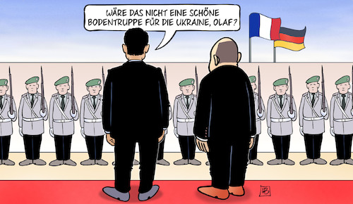 Cartoon: Macron-Scholz-Bodentruppen (medium) by Harm Bengen tagged macron,scholz,bodentruppen,ukraine,krieg,staatsbesuch,deutschland,frankreich,weimarer,dreieck,harm,bengen,cartoon,karikatur,macron,scholz,bodentruppen,ukraine,krieg,staatsbesuch,deutschland,frankreich,weimarer,dreieck,harm,bengen,cartoon,karikatur