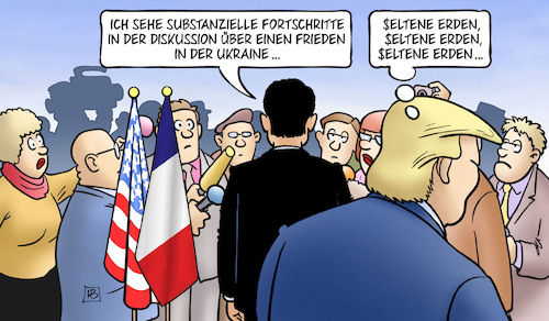 Cartoon: Macron-Trump-Ukraine (medium) by Harm Bengen tagged macron,trump,ukraine,frankreich,fahne,usa,fortschritte,krieg,frieden,seltene,erden,rohstoffe,harm,bengen,cartoon,karikatur,macron,trump,ukraine,frankreich,fahne,usa,fortschritte,krieg,frieden,seltene,erden,rohstoffe,harm,bengen,cartoon,karikatur