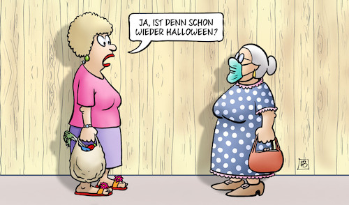 Cartoon: Masken-Rückkehr (medium) by Harm Bengen tagged halloween,corona,masken,rückkehr,susemil,jutta,zaun,harm,bengen,cartoon,karikatur,halloween,corona,masken,rückkehr,susemil,jutta,zaun,harm,bengen,cartoon,karikatur