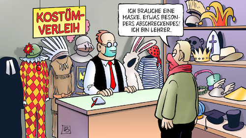 Cartoon: Masken für Lehrer (medium) by Harm Bengen tagged maskenpflicht,abschreckendes,lehrer,schule,corona,kostümverleih,harm,bengen,cartoon,karikatur,maskenpflicht,abschreckendes,lehrer,schule,corona,kostümverleih,harm,bengen,cartoon,karikatur