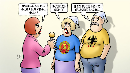 Cartoon: Mauer-Trauer (medium) by Harm Bengen tagged mauerfall,ddr,brd,maueröffnung,sed,jahrestag,interview,trauer,harm,bengen,cartoon,karikatur,mauerfall,ddr,brd,maueröffnung,sed,jahrestag,interview,trauer,harm,bengen,cartoon,karikatur