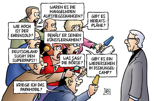 Cartoon: Mediales Papstinteresse (medium) by Harm Bengen tagged aufstiegschancen,ehrensold,heiratspläne,zölibat,künstlername,deutschland,superpapst,börse,wiedersehen,dschungelcamp,tv,papamobil,reporter,interview,lombardi,papstsprecher,papst,rücktritt,benedikt,ratzinger,gesundheit,alter,katholische,kirche,rom,harm,bengen,cartoon,karikatur,aufstiegschancen,ehrensold,heiratspläne,zölibat,künstlername,deutschland,superpapst,börse,wiedersehen,dschungelcamp,tv,papamobil,reporter,interview,lombardi,papstsprecher,papst,rücktritt,benedikt,ratzinger,gesundheit,alter,katholische,kirche,rom,harm,bengen,cartoon,karikatur