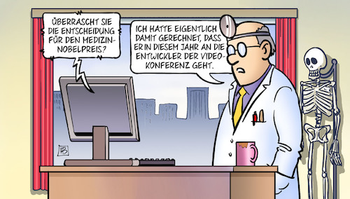 Cartoon: Medizinnobelpreis 2020 (medium) by Harm Bengen tagged entscheidung,medizin,nobelpreis,entwickler,videokonferenz,arzt,corona,harm,bengen,cartoon,karikatur,entscheidung,medizin,nobelpreis,entwickler,videokonferenz,arzt,corona,harm,bengen,cartoon,karikatur