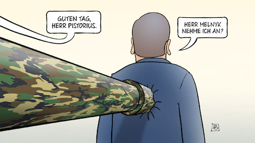 Cartoon: Melnyk und Pistorius (medium) by Harm Bengen tagged melnyk,kanonenrohr,panzer,rücken,bedrohung,leopard,pistorius,verteidigungsminister,bundeswehr,krieg,ukraine,russland,harm,bengen,cartoon,karikatur,melnyk,kanonenrohr,panzer,rücken,bedrohung,leopard,pistorius,verteidigungsminister,bundeswehr,krieg,ukraine,russland,harm,bengen,cartoon,karikatur