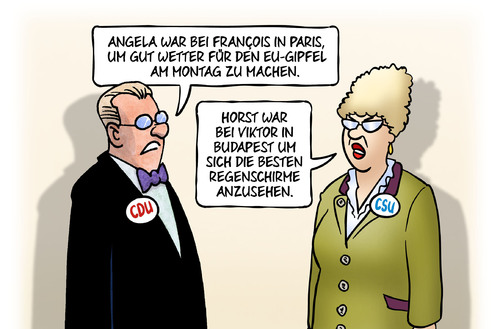 Cartoon: Merkel-Seehofer-Reisen (medium) by Harm Bengen tagged angela,merkel,reisen,cdu,csu,francois,hollande,paris,wetter,eu,europa,tuerkei,gipfel,montag,horst,seehofer,viktor,orban,budapest,regenschirme,druck,grenze,asylrecht,flucht,fluechtlinge,abschreckung,verschaerfung,harm,bengen,cartoon,karikatur,angela,merkel,reisen,cdu,csu,francois,hollande,paris,wetter,eu,europa,tuerkei,gipfel,montag,horst,seehofer,viktor,orban,budapest,regenschirme,druck,grenze,asylrecht,flucht,fluechtlinge,abschreckung,verschaerfung,harm,bengen,cartoon,karikatur