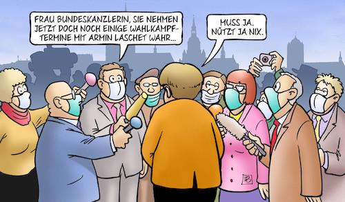 Cartoon: Merkel unterstützt Laschet (medium) by Harm Bengen tagged bundestagswahl,cdu,laschet,bundeskanzlerin,merkel,stralsund,interview,reporter,masken,wahlkampftermine,muss,ja,harm,bengen,cartoon,karikatur,bundestagswahl,cdu,laschet,bundeskanzlerin,merkel,stralsund,interview,reporter,masken,wahlkampftermine,muss,ja,harm,bengen,cartoon,karikatur