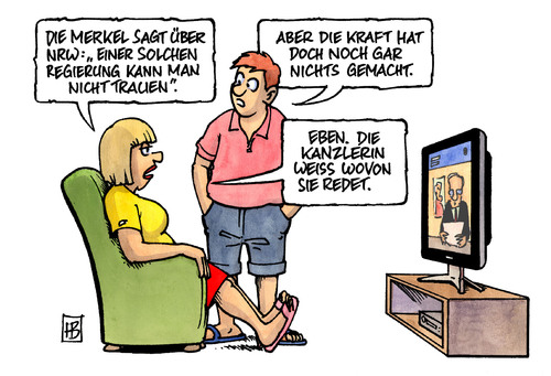 Cartoon: Merkel vs. Kraft (medium) by Harm Bengen tagged nrw,ministerpräsidentin,minderheitsregierung,rot,grün,merkel,hannelore,kraft,trauen,vertrauen,regierung,untätigkeit,nichtstun,tv,nachrichten,wahl,nrw,ministerpräsidentin,minderheitsregierung,rot,grün,angela merkel,hannelore kraft,trauen,regierung,untätigkeit,tv,nachrichten,wahl,wahlen,angela,merkel,hannelore,kraft