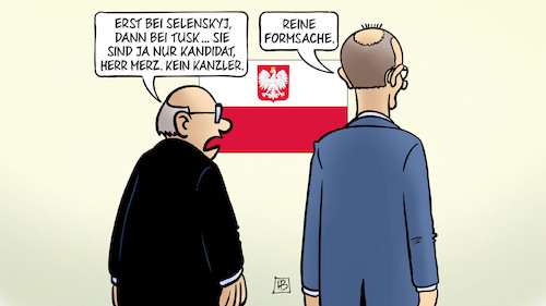 Cartoon: Merz auf Tour (medium) by Harm Bengen tagged polen,tusk,kandidat,kanzlerkandidat,anmassung,grössenwahn,formsache,tournee,selenskyj,merz,ukraine,kiew,harm,bengen,cartoon,karikatur,polen,tusk,kandidat,kanzlerkandidat,anmassung,grössenwahn,formsache,tournee,selenskyj,merz,ukraine,kiew,harm,bengen,cartoon,karikatur