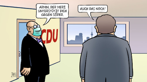 Cartoon: Merz für Laschet (medium) by Harm Bengen tagged armin,merz,unterstützung,laschet,söder,entscheidung,cdu,csu,kanzlerkandidatur,harm,bengen,cartoon,karikatur,armin,merz,unterstützung,laschet,söder,entscheidung,cdu,csu,kanzlerkandidatur,harm,bengen,cartoon,karikatur