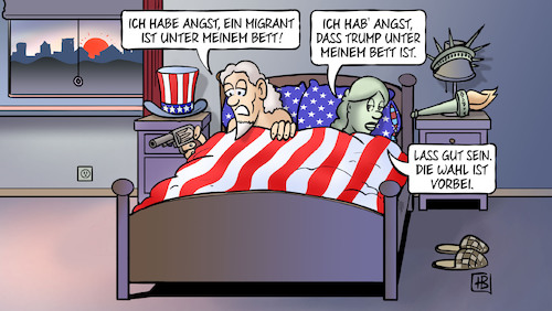 Cartoon: Midterms (medium) by Harm Bengen tagged angst,migranten,usa,bett,midterms,trump,wahl,morgen,sonnenaufgang,uncle,sam,liberty,freiheitsstatue,harm,bengen,cartoon,karikatur,angst,migranten,usa,bett,midterms,trump,wahl,morgen,sonnenaufgang,uncle,sam,liberty,freiheitsstatue,harm,bengen,cartoon,karikatur