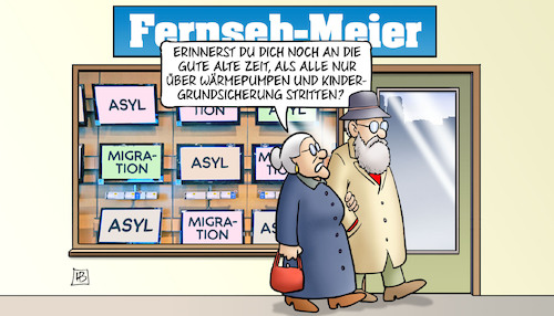 Cartoon: Migrationsstreit (medium) by Harm Bengen tagged gute,alte,zeit,wärmepumpen,kindergrundsicherung,streit,fernseh,meier,laden,geschäft,asyl,migrations,susemils,harm,bengen,cartoon,karikatur,gute,alte,zeit,wärmepumpen,kindergrundsicherung,streit,fernseh,meier,laden,geschäft,asyl,migrations,susemils,harm,bengen,cartoon,karikatur