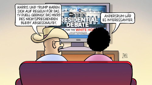 Cartoon: Mikro-Stummschaltung (medium) by Harm Bengen tagged harris,trump,regeln,tv,duell,wahlkampf,usa,mikro,abgeschaltet,harm,bengen,cartoon,karikatur,harris,trump,regeln,tv,duell,wahlkampf,usa,mikro,abgeschaltet,harm,bengen,cartoon,karikatur