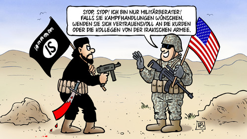 Cartoon: Militärberater (medium) by Harm Bengen tagged militärberater,kampfhandlungen,irakische,armee,kurdische,kurden,peschmerga,kampf,krieg,is,terroristen,waffen,usa,isis,islamisten,terror,regierung,irak,harm,bengen,cartoon,karikatur,militärberater,kampfhandlungen,irakische,armee,kurdische,kurden,peschmerga,kampf,krieg,is,terroristen,waffen,usa,isis,islamisten,terror,regierung,irak,harm,bengen,cartoon,karikatur